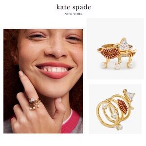 NWT Kate Spade HIT THE TOWN 12-K Gold Plated Glass Stone/Urea Pearl 3 Ring Set